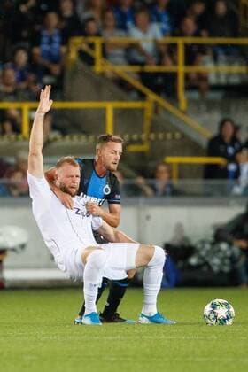 LASK s Joao Klauss and Club s Mats Rits fight for the ball during a game between Belgian soccer team Club Brugge and Austrian club LASK Linz, Wednesday 28 August 2019 in Brugge, the return match in the play-offs of the UEFA Champions League, after a 0-1 victory of Club in the first leg. KURTxDESPLENTER  x05650890x