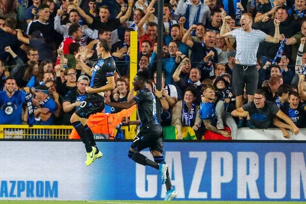 SOCCER - CL play off, Bruegge vs LASK BRUGES,BELGIUM,28.AUG.19 - SOCCER - UEFA Champions League, play off, FC Bruegge vs LASK. Image shows the rejoicing of Hans Vanaken (Bruegge) and Simon Deli (Bruegge). GEPAxpictures xJasminxWalter