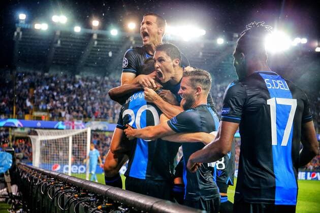 Club s players celebrate during a game between Belgian soccer team Club Brugge and Austrian club LASK Linz, Wednesday 28 August 2019 in Brugge, the return match in the play-offs of the UEFA Champions League, after a 0-1 victory of Club in the first leg. BRUNOxFAHY  x05650940x