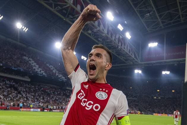 AMSTERDAM , 29-08-2019 , Johan Cruijff ArenA , Champions League playoff, season 2019-2020 , Ajax player Dusan Tadic celebrating the 2-0 during the match Ajax - APOEL Nicosia Ajax - APOEL Nicosia  x4212155x Copyright: