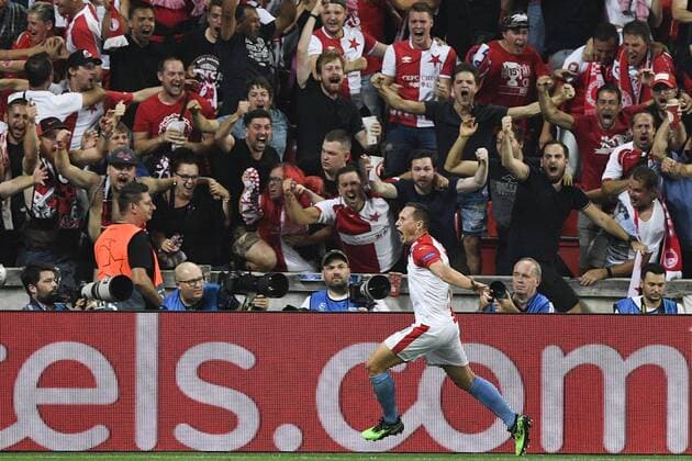 JAN BORIL of Slavia Prague scores and celebrates a goal during the Football Champions League 4th qualifying round return match: Slavia Prague vs Cluj-Napoca in Sinobo Stadium, Prague, Czech Republic, August 28, 2019. (CTKxPhoto MichalxKamaryt) CTKPhotoP201908281044501  kmt 6