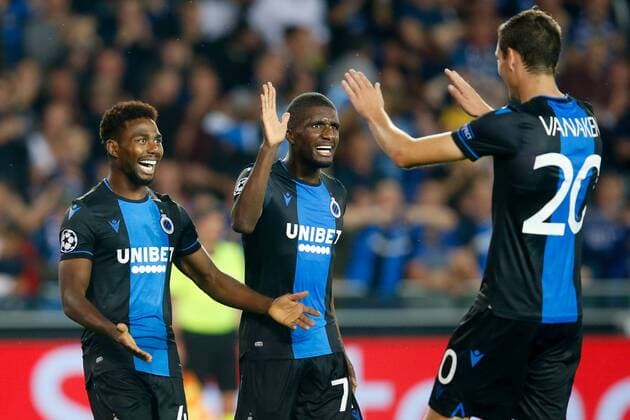 Club s Emmanuel Bonaventure Dennis celebrates after scoring during a game between Belgian soccer team Club Brugge and Austrian club LASK Linz, Wednesday 28 August 2019 in Brugge, the return match in the play-offs of the UEFA Champions League, after a 0-1 victory of Club in the first leg. BRUNOxFAHY  x05650948x