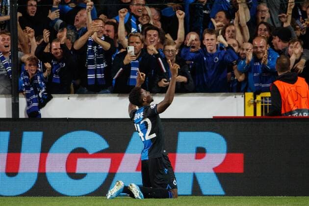 Club s Emmanuel Bonaventure Dennis celebrates after scoring during a game between Belgian soccer team Club Brugge and Austrian club LASK Linz, Wednesday 28 August 2019 in Brugge, the return match in the play-offs of the UEFA Champions League, after a 0-1 victory of Club in the first leg. KURTxDESPLENTER  x05650955x
