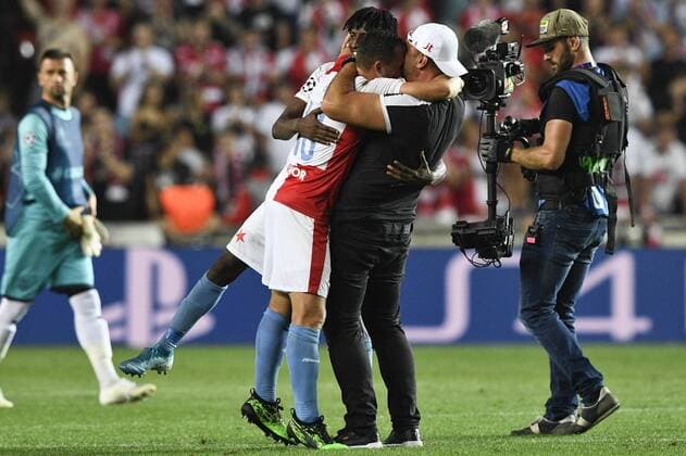 Slavia Prague defeated Cluj 1-0 in football return match of Champions League 4th qualifying round and advanced to the group stage. Soccer players celebrate a victory in Sinobo Stadium, Prague, Czech Republic, August 28, 2019. At right is coach of Slavia Jindrich Trpisovsky and soccer player Jan Boril. (CTKxPhoto KaterinaxSulova) CTKPhotoP201908281082701  kmt 14