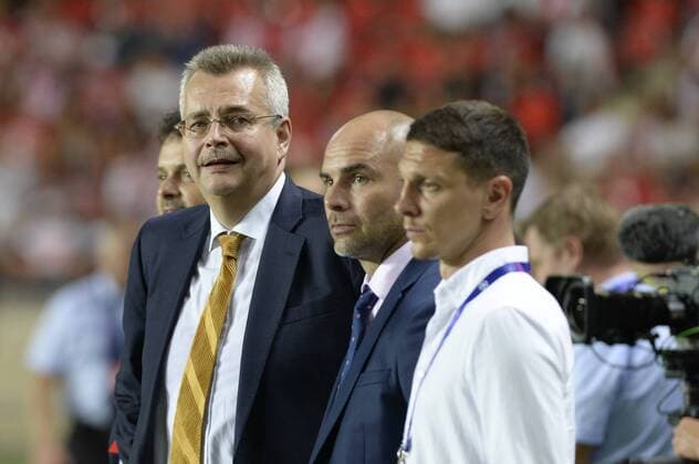 Chairman of the Board of SK Slavia Praha Jaroslav Tvrdik , left, speaks with Jan Nezmar, centre, director of SK Slavia Praha during the Football Champions League 4th qualifying round return match: Slavia Prague vs Cluj-Napoca in Sinobo Stadium, Prague, Czech Republic, August 28, 2019. (CTKxPhoto KaterinaxSulova) CTKPhotoP201908281092401  _SUK7560