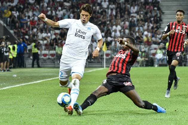 Hiroki Sakai (Olympique de Marseille) - Andy Pelmard (OGC Nice) FOOTBALL : OGC Nice vs Olympique de Marseille - Ligue 1 Conforama - Nice - 28 08 2019 NorbertScanella PanoramiC 