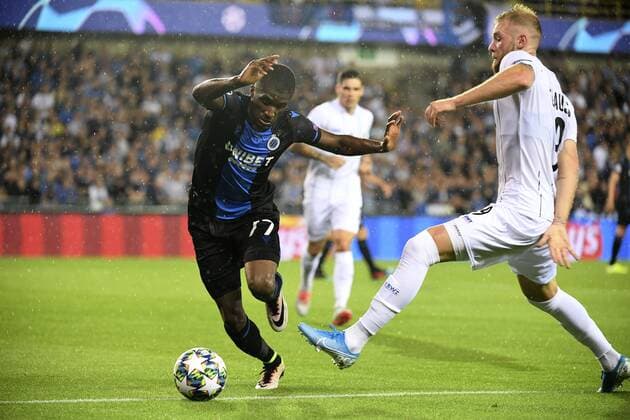 BRUGGE, BELGIUM - AUGUST 28 : Klauss of LASK and Clinton Mata defender of Club Brugge the Champions League Play-offs 2nd leg match game between Club Brugge and LASK on August 28, 2019 in Brugge, Belgium, 28 08 2019 ( Photo by {Byline:Pc} Photonews FOOTBALL : Club Brugge vs LASK - Champions League Play-offs - 28 08 2019 PHOTONEWS PANORAMIC 