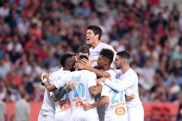JOIE - 03 ALVARO GONZALEZ (OM) - 04 BOUBACAR KAMARA (OM) - 02 HIROKI SAKAI (OM) FOOTBALL : Nice vs Marseille - Ligue 1 Conforama - 28 08 2019 FEP Panoramic 