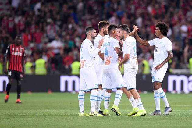 JOIE - FAIR PLAY - 03 ALVARO GONZALEZ (OM) - 12 KEVIN STROOTMAN (OM) - 19 LUIZ GUSTAVO (OM) FOOTBALL : Nice vs Marseille - Ligue 1 Conforama - 28 08 2019 FEP Panoramic 