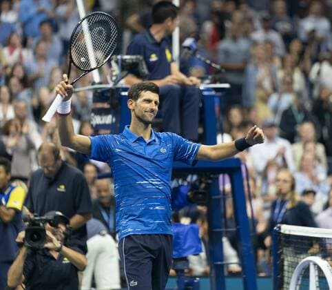 US Open Tennis Championship 2019 Day 3 Novak Djokovic (Serbia) celebrates victory in round 2 of US Open Tennis Championship against Juan Londero (Argentina) at Billie Jean King National Tennis Center New York New York United States Billie Jean King National Tennis  LevxRadinx xPacificxPress