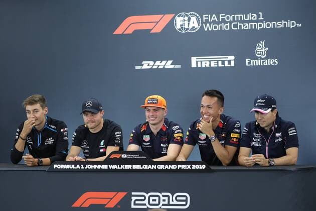 Williams British driver George Russell, Mercedes Finnish driver Valtteri Bottas, Red Bull s Dutch driver Max Verstappen, Red Bull s British driver Alexander Albon and Racing Point s Mexican driver Sergio Perez pictured during a press conference, PK, Pressekonferenz during the preparations ahead of the Spa-Francorchamps Formula One Grand Prix of Belgium race, in Spa-Francorchamps, Thursday 29 August 2019. BENOITxDOPPAGNE  x05651142x