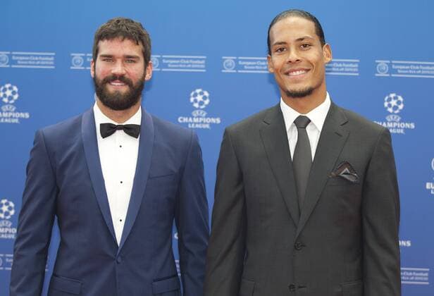 Monaco, Monte Carlo - August 29, 2019: UEFA Champions League Group Stage Draw and Player of the Year Awards, Season Kick Off 2019-2020 with Goalkeeper Alisson Becker and Dutch Soccer player Virgil van Dijk of Liverpool 2019 2020 UEFA Champions League Group Stage Draw in Monaco