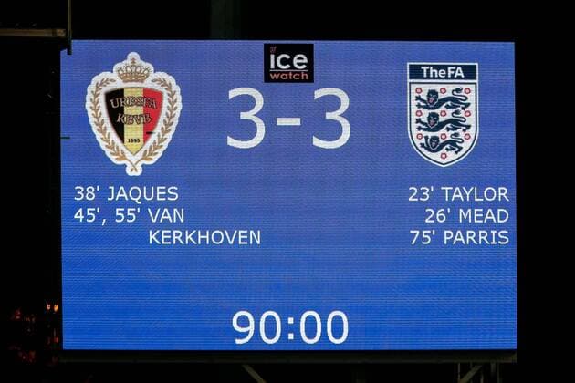 Fußball, Damen Länderspiel, Belgien - England HEVERLEE, BELGIUM - AUGUST 29: Illustrative picture showing the final 3-3 score after the International Friendly, Länderspiel, Nationalmannschaft women match between Belgium and England at the King Power at Den Dreef Stadion on August 29, 2019 in Heverlee, Belgium, 29 08 2019. FOOTBALL FEMININ : Belgique Vs Angleterre - Amical - 29 08 2019 PhotoNews Panoramic 