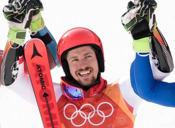 OLYMPICS - 2018 Winter Olympics PYEONGCHANG,SOUTH KOREA,18.FEB.18 - OLYMPICS, ALPINE SKIING - Olympic Winter games, Winterspiele,Spiele, Summer games PyeongChang 2018, giant slalom, men. Image shows Henrik Kristoffersen (NOR), Marcel Hirscher (AUT) and Alexis Pinturault (FRA). GEPAxpictures xJoelxMarklund