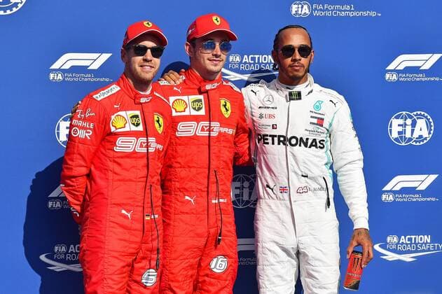31.08.2019, xekx, Motorsport FIA Formel 1, Großer Preis von Belgien 2019 - Qualifying emspor, v.l. 2. Startplatz Sebastian Vettel (Ferrari), 1. Startplatz Charles Leclerc (Ferrari), 3. Startplatz Lewis Hamilton (Mercedes-AMG Petronas) (DFL DFB REGULATIONS PROHIBIT ANY USE OF PHOTOGRAPHS as IMAGE SEQUENCES and or QUASI-VIDEO) Spa