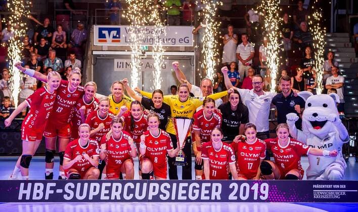 HBF-Supercup 2019 SG BBM Bietigheim - Thueringer HC HBF-Supercupsieger 2019 - SG BBM Bietigheim beim Spiel in des HBF - Supercup, SG BBM Bietigheim - Thueringer HC. Bietigheim. 31.08.19 Handball HBF Supercup , Bietigheim Baden Wuerttemberg Deutschland