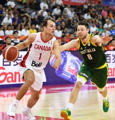 (190901) -- DONGGUAN, Sept. 1, 2019 -- Kevin Pangos (L) of Canada breaks through during the group H match between Australia and Canada at the 2019 FIBA World Cup in Dongguan, south China s Guangdong Province, Sept.1, 2019. ) (SP)CHINA-DONGGUAN-BASKETBALL WM FIBA WORLD CUP-GROUP H-AUSTRALIA VS CANADA (CN) DengxHua 