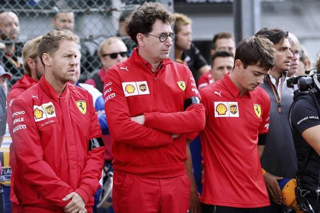 BINOTTO Mattia Sportchef F1 Team Scuderia Ferrari mit seinen Fahrern VETTEL Sebastian und LECLERC Charles bei der Gedenkfeier fuer den verunglueckten F2 Fahrer HUBERT Anthonie Grand Prix von Belgien in Spa Circuit de Spa-Francorchamps am 01.09. 2019 in Spa