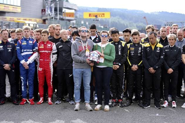HUBERT Anthoine Mutter und Bruder mit Helm bei der Gedenkfeier fuer den verunglueckten F2 Fahrer HUBERT Anthonie rechts Alan PROST links HORNER Christian Grand Prix von Belgien in Spa Circuit de Spa-Francorchamps am 01.09. 2019 in Spa