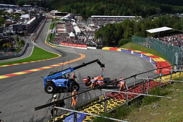 Workers take out the Red Bull s car of Dutch driver Max Verstappen at the Spa-Francorchamps Formula One Grand Prix of Belgium race, in Spa-Francorchamps, Sunday 01 September 2019. NICOLASxLAMBERT  x05653536x