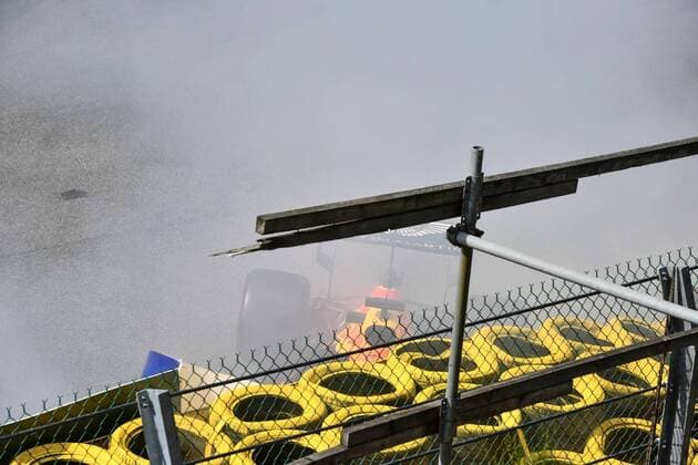 Red Bull s Dutch driver Max Verstappen hit a wall of tyres along the track and has to stop during the Spa-Francorchamps Formula One Grand Prix of Belgium race, in Spa-Francorchamps, Sunday 01 September 2019. NICOLASxLAMBERT  x05653575x