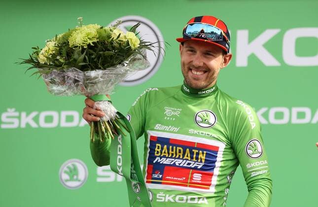 Deutschland Tour Erfurt 01.09.2019 , Erfurt, Messe, Deutschland Tour, Schlussetappe, Zieldurchfahrt Zieleinfahrt der Elite der Radsport-Profis im Bild: Sonny Colbrelli (Bahrain Merida) gewinnt die Etappe Eisenach-Erfurt und das Grüne Trikot