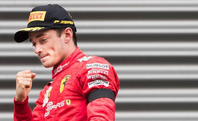 Ferrari s Monegasque driver Charles Leclerc celebrates on the podium after winning the Spa-Francorchamps Formula One Grand Prix of Belgium race, in Spa-Francorchamps, Sunday 01 September 2019. BENOITxDOPPAGNE  x05653708x