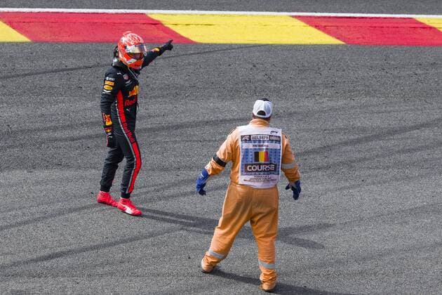 Red Bull s Dutch driver Max Verstappen pictured after a crash in the first lap of the Spa-Francorchamps Formula One Grand Prix of Belgium race, in Spa-Francorchamps, Sunday 01 September 2019. NICOLASxLAMBERT  x05653725x