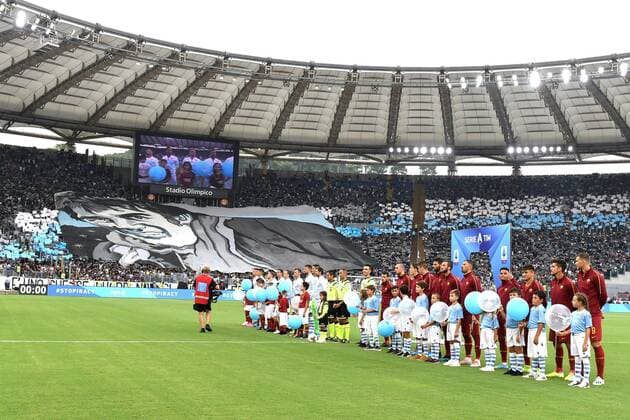 Lazio supporters show a big portrait of Fabrizio Piscitelli, Diabolik, an ultras killed by a gunshot in Roma on august 7 Roma 01-09-2019 Stadio Olimpico Football Serie A 2019 2020 SS Lazio - AS Roma Photo Andrea Staccioli Insidefoto andreaxstaccioli