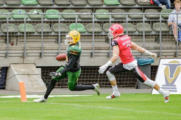 GFL1 Nord, Cologne Crocodiles - Potsdam Royals, Köln, 1.9.2019 Aaron Jackson (Cologne Crocodiles) & Till Janssen (Potsdam Royals), Cologne Crocodiles - Potsdam Royals am 1.9.2019 im Sportpark Höhenberg, Köln Copyright: xBEAUTIFULxSPORTS MarcxJungex