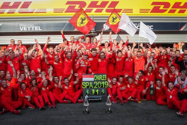 Bilder des Jahres 2019, Sport 09 September Sport Bilder des Tages (190902) -- SPA-FRANCORCHAMPS, Sept. 2, 2019 -- Team members of Ferrari celebrate after the Formula 1 Belgian Grand Prix at Spa-Francorchamps Circuit, Belgium, Sept. 1, 2019. ) (SP)BELGIUM-SPA-FRANCORCHAMPS-F1-BELGIAN GRAND PRIX ZhengxHuansong 