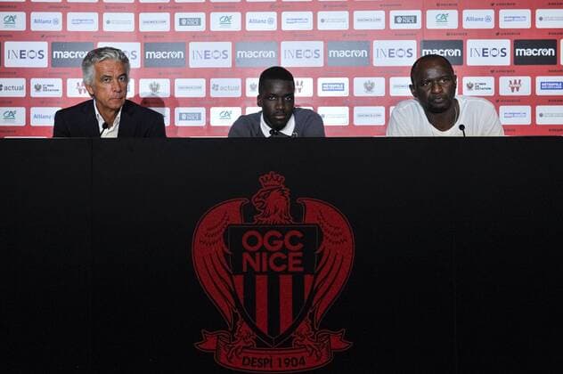 Jean Pierre Rivere (president de l OGC Nice) - Stanley Nsoki (OGC Nice) - Patrick Vieira (Entraineur de l OGC Nice) FOOTBALL : Conference de presentation de Stanley Nsoki - Nice - 03 09 2019 NorbertScanella PanoramiC 