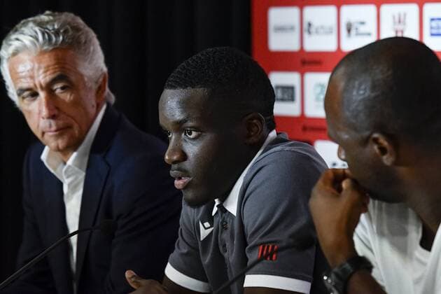 Jean Pierre Rivere (president de l OGC Nice) - Stanley Nsoki (OGC Nice) - Patrick Vieira (Entraineur de l OGC Nice) FOOTBALL : Conference de presentation de Stanley Nsoki - Nice - 03 09 2019 NorbertScanella PanoramiC 