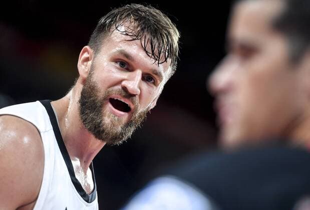 Basketball WM, Deutschland - Jordanien (190905) -- SHENZHEN, Sept. 5, 2019 -- Danilo Barthel (L) of Germany reacts during the group G match between Germany and Jordan at the FIBA World Cup 2019 in Shenzhen, south China s Guangdong province, Sept. 5, 2019. ) (SP)CHINA-SHENZHEN-BASKETBALL WM FIBA WORLD CUP-GROUP G-GER VS JOR (CN) XuxChang 