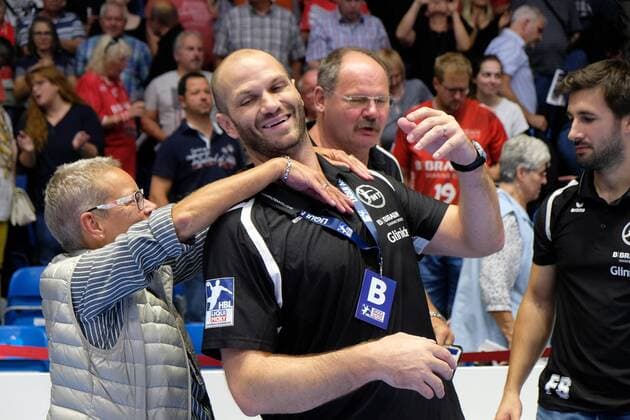 05.09.2019 xkhx Melsungen Handball-Bundesliga Saison 2019 2020 MT Melsungen gegen MT Melsungen gegen TBV Lemgo Lippe Sieg- und Schlussjubel bei Heiko Grimm (Trainer MT Melsungen) und Barbara Braun-Lüdecke (Aufsichtsratsvorsitzende der MT Melsungen)