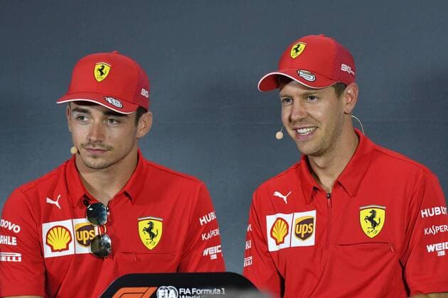 Charles Leclerc ( 16, Scuderia Ferrari Mission Winnow) und Sebastian Vettel ( 5, Scuderia Ferrari Mission Winnow) bei der Pressekonferenz, Formel 1, Grosser Preis von Italien, 05.09.2019 Formel 1, Grosser Preis von Italien, 05.09.2019 Monza Copyright: xSchustx Eibner-Pressefotox EP_Schust