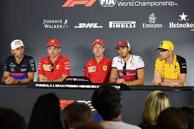V.l.n.r. Pierre Gasly ( 10, Red Bull Toro Rosso Honda), Charles Leclerc ( 16, Scuderia Ferrari Mission Winnow), Sebastian Vettel ( 5, Scuderia Ferrari Mission Winnow), Antonio Giovinazzi ( 99, Alfa Romeo Racing) und Nico Huelkenberg ( 27, Renault F1 Team) bei der Pressekonferenz, Formel 1, Grosser Preis von Italien, 05.09.2019 Formel 1, Grosser Preis von Italien, 05.09.2019 Monza Copyright: xSchustx Eibner-Pressefotox EP_Schust