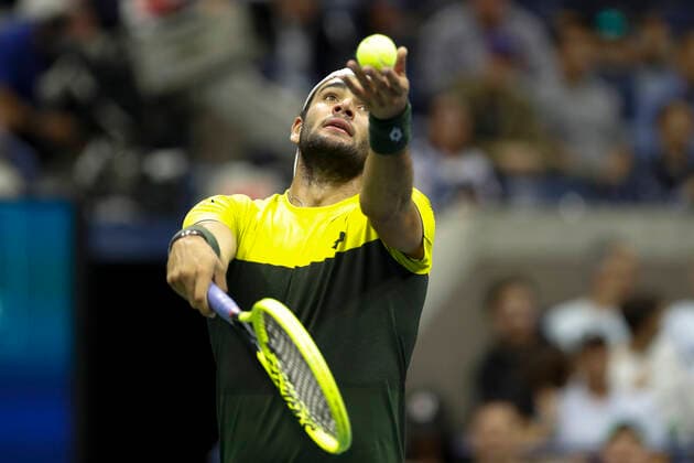 (190907) -- NEW YORK, Sept. 7, 2019 -- Matteo Berrettini of Italy serves during the men s singles semifinal between Rafael Nadal of Spain and Matteo Berrettini at the 2019 US Open in New York, the United States, Sept. 6, 2019. ) (SP)US-NEW YORK-TENNIS-US OPEN-MEN S SINGLES-SEMIFINAL LixMuzi 