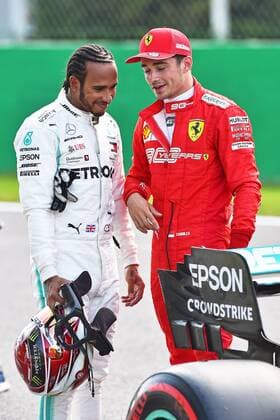 07.09.2019, xekx, Motorsport FIA Formel 1, Großer Preis von Italien - Qualifying emspor, v.l. 2. Startplatz Lewis Hamilton (Mercedes-AMG Petronas), 1. Startplatz Charles Leclerc (Ferrari) (DFL DFB REGULATIONS PROHIBIT ANY USE OF PHOTOGRAPHS as IMAGE SEQUENCES and or QUASI-VIDEO) Monza