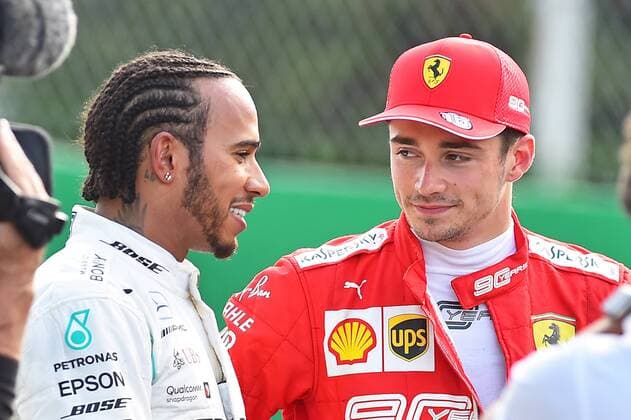 07.09.2019, xekx, Motorsport FIA Formel 1, Großer Preis von Italien - Qualifying emspor, v.l. 2. Startplatz Lewis Hamilton (Mercedes-AMG Petronas), 1. Startplatz Charles Leclerc (Ferrari) (DFL DFB REGULATIONS PROHIBIT ANY USE OF PHOTOGRAPHS as IMAGE SEQUENCES and or QUASI-VIDEO) Monza