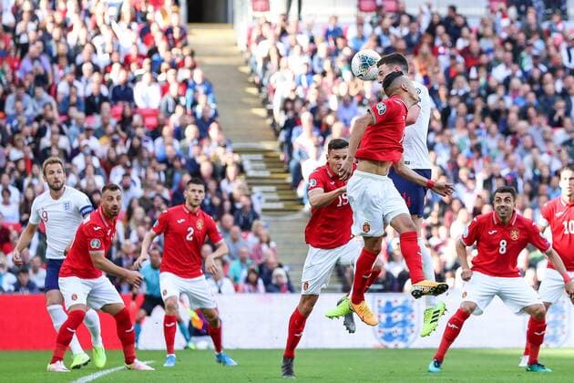 Declan Rice of England heads the ball towards goal during the European 2020 Championship Qualifying match at Wembley Stadium, London. Picture date: 7th September 2019. Picture credit should read: James Wilson Sportimage EDITORIAL USE ONLY. No use with unauthorised audio, video, data, fixture lists, club league logos or live services. Online in-match use limited to 120 images, no video emulation. No use in betting, games or single club league player publications. SPI-0193-0006