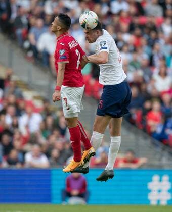 Michael Keane (Everton) of England & Marcelinho (Ludogorets Razgrad) of Bulgaria during the UEFA 2020 EURO Qualifier, EM, Europameisterschaft match between England and Bulgaria at Wembley Stadium, London, England on 7 September 2019. Copyright: xAndyxRowlandx PMI-3040-0007