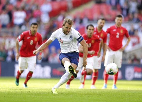 7th September 2019; Wembley Stadium, London, England; European Championships 2020 Qualifier, England versus Bulgaria; Harry Kane of England shoots to score his sides 2nd goal from a penalty in the 48th minute to make it 2-0 - Editorial Use Only.  ActionPlus12165989 JohnxPatrickxFletcher