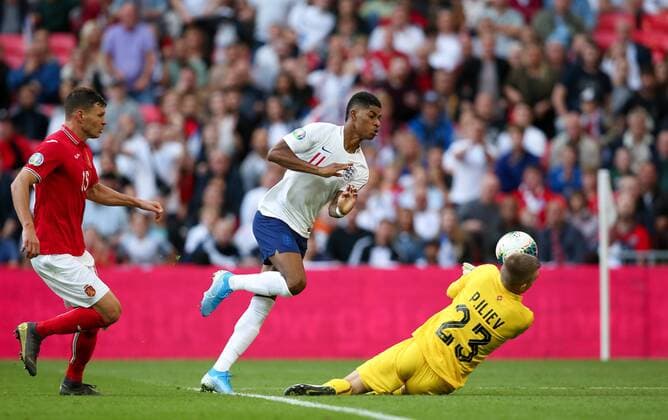Marcus Rashford of England sees a shot saved by Plamen Iliev of Bulgaria during the European 2020 Championship Qualifying match at Wembley Stadium, London. Picture date: 7th September 2019. Picture credit should read: James Wilson Sportimage EDITORIAL USE ONLY. No use with unauthorised audio, video, data, fixture lists, club league logos or live services. Online in-match use limited to 120 images, no video emulation. No use in betting, games or single club league player publications. SPI-0193-0027