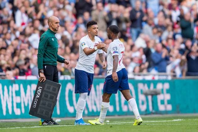 Jadon Sancho of England substitutes Raheem Sterling of England during the UEFA 2020 European Championship, EM, Europameisterschaft Qualifier match between England and Bulgaria at Wembley Stadium, London, England on 7 September 2019. Copyright: xSalvioxCalabresex 24620033