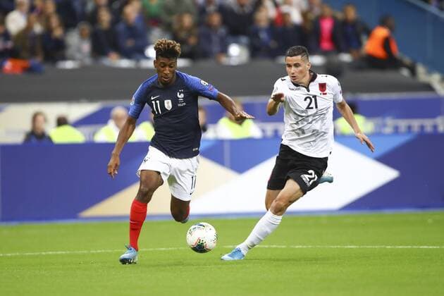 Kingsley Coman (France) larque but vs Odise Roshi (Albanie) FOOTBALL : France vs Albanie - Match de Qualifications EURO 2020 - 07 09 2019 GwendolineLeGoff Panoramic 