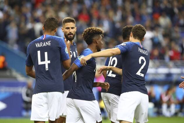 joie Kingsley Coman (France) et equipe FOOTBALL : France vs Albanie - Match de Qualifications EURO 2020 - 07 09 2019 GwendolineLeGoff Panoramic 