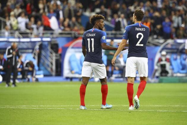 joie Kingsley Coman (France) et Benjamin Pavard (France) FOOTBALL : France vs Albanie - Match de Qualifications EURO 2020 - 07 09 2019 GwendolineLeGoff Panoramic 