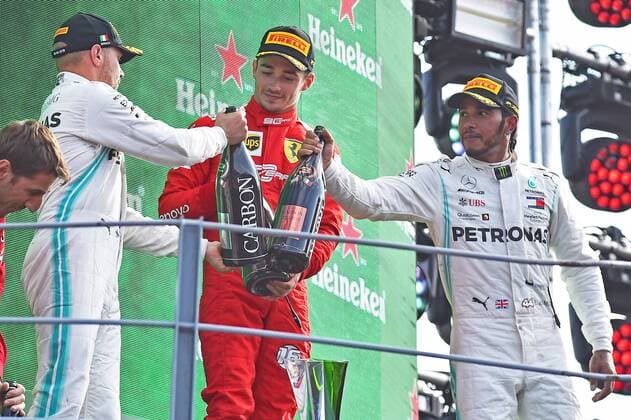 08.09.2019, xekx, Motorsport FIA Formel 1, Großer Preis von Italien - Rennen emspor, v.l. 2. Platz Valtteri Bottas (Mercedes-AMG Petronas), Sieger, 1.Platz. Charles Leclerc (Ferrari), 3. Platz Lewis Hamilton (Mercedes-AMG Petronas) (DFL DFB REGULATIONS PROHIBIT ANY USE OF PHOTOGRAPHS as IMAGE SEQUENCES and or QUASI-VIDEO) Monza