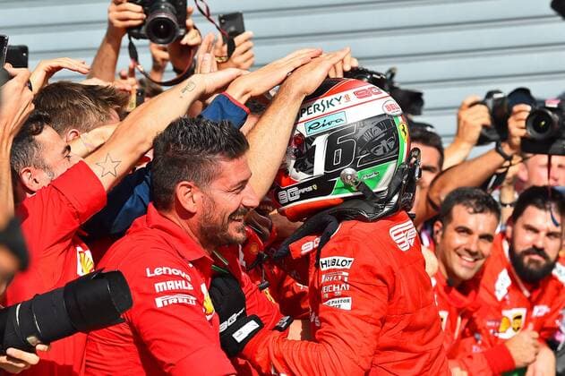 08.09.2019, xekx, Motorsport FIA Formel 1, Großer Preis von Italien - Rennen emspor, 1. Platz, Sieger, Charles Leclerc (Ferrari), Ferrari feiert den Sieger (DFL DFB REGULATIONS PROHIBIT ANY USE OF PHOTOGRAPHS as IMAGE SEQUENCES and or QUASI-VIDEO) Monza